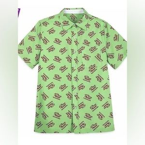Disney Light Green Short Sleeve Button-Up Shirt with Brown Pattern